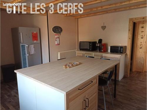 eine Küche mit einer Arbeitsplatte und einem Kühlschrank in der Unterkunft Gîte Les 3 Cerfs - 3 étoiles in Plainfaing
