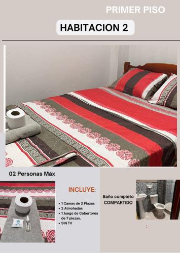 a picture of a bed with a red and black blanket at HABITACIÓN TRIPLE - PERENE - CHANCHAMAYO 