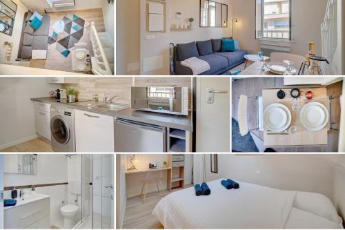 un collage de photos d'une cuisine et d'un salon dans l'établissement Le Paco - 600 m plage - Verrière Côte d'Azur, à Cannes