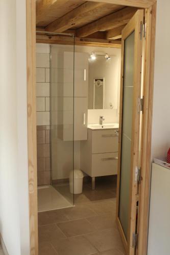 une salle de bain avec douche et lavabo dans l'établissement une chambre d hôtes avec petit dejeuner, à Saint-Jean-du-Gard