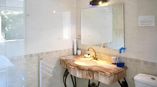 uma casa de banho com um lavatório, um espelho e um WC. em Villa de 5 chambres avec piscine privee jacuzzi et jardin clos a Laroque des Alberes em Laroque-des-Albères