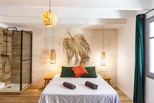 um quarto com uma cama com duas almofadas em Mon voisin Van Gogh em Arles