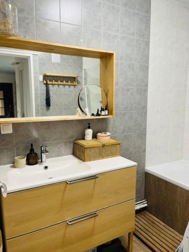 une salle de bain avec un lavabo et un miroir dans l'établissement Nid ensoleillé & vue Seine, à Villeneuve-la-Garenne