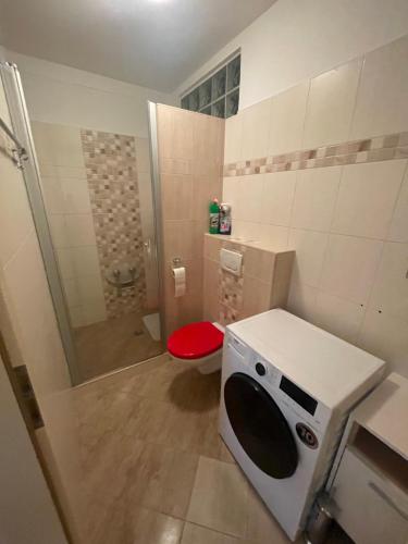 La salle de bains est pourvue d'une douche et d'un lave-linge. dans l'établissement Apartmán U VINAŘSTVÍ v RD novostavba v Suchohrdly u Znojma, à Suchohrdly