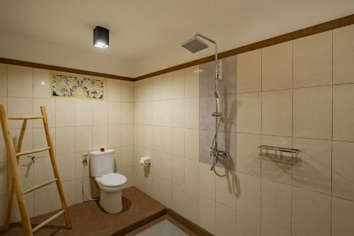 La salle de bains est pourvue d'une douche et de toilettes. dans l'établissement Peaceful Villa with Private Pool Monkey Forest, à Ubud