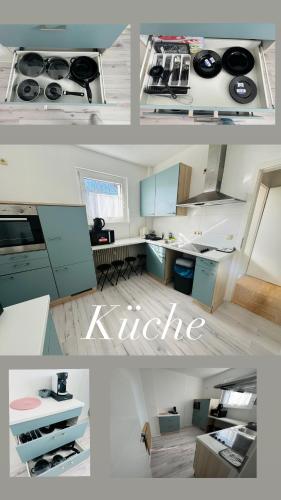 uma colagem de fotos de uma cozinha com fogão em Essen Hauptbahnhof em Essen
