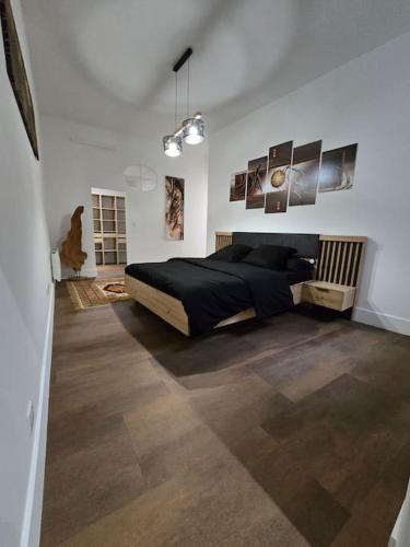 une chambre avec un grand lit dans une pièce blanche dans l'établissement L'avéjan 170 m² 3 chambres Alès centre ville, à Alès