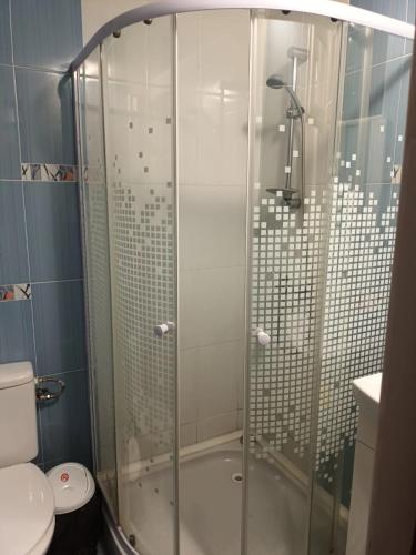 a shower with a glass door in a bathroom at Casa Matei in Turda