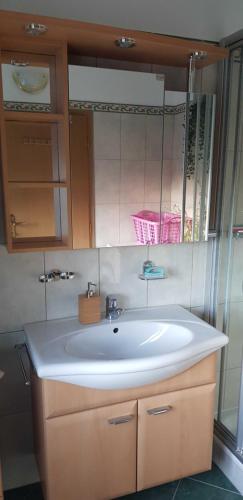 ein Badezimmer mit einem weißen Waschbecken und einem Spiegel in der Unterkunft Ferienwohnung Borse in Langenlois