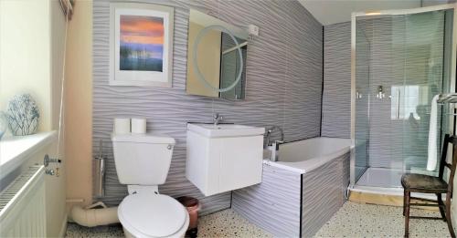 a bathroom with a toilet and a sink and a tub at escape the ordinary - private self catered holiday home stay in Dorchester
