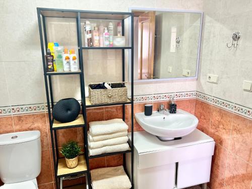 a bathroom with a sink and a toilet and a mirror at Lovely Apartament with a sunny terrace in Torrevieja