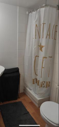 a bathroom with a toilet and a white shower curtain at Le petit Treguier in Tréguier