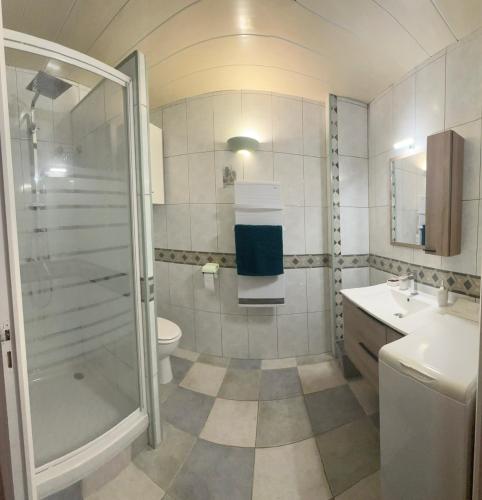 une salle de bain avec une douche, des toilettes et un lavabo dans l'établissement Appartement spacieux de plein pied avec 2 chambres, cuisine, salon, terrasse à 2 minutes de la plage, à Gruissan