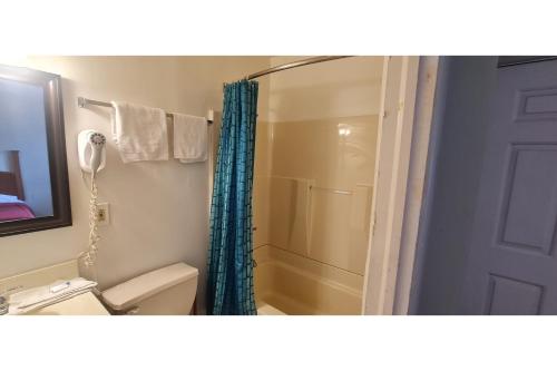 a bathroom with a shower with a toilet and a sink at Werry's Cottages Motel & Pub by OYO East Stroudsburg Poconos in East Stroudsburg