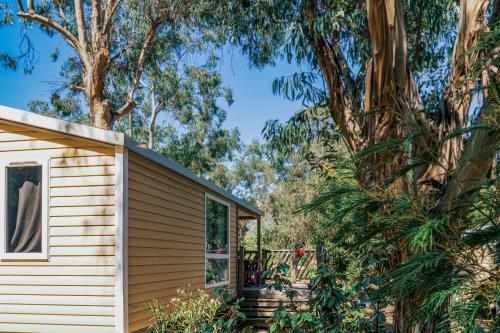 una casetta minuscola con un portico vicino agli alberi di U Pezzo a Saint-Florent