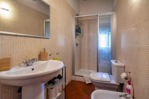 a bathroom with a sink and a toilet and a shower at La Dimora nell'Anfiteatro Superior room and apartment Self check in Elevator Air Conditioning in Lucca