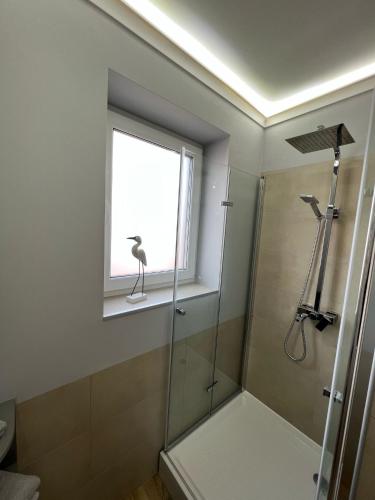 a bathroom with a shower and a window with a bird statue at Podlaski Bon Turystyczny eMKa Noclegi apartamenty in Augustów