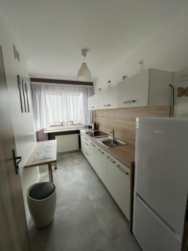 a small kitchen with a sink and a refrigerator at Podlaski Bon Turystyczny eMKa Noclegi apartamenty in Augustów