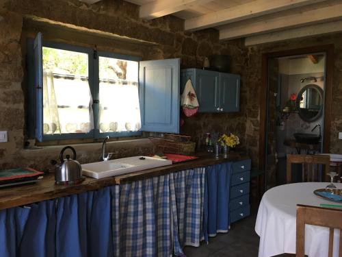 a kitchen with blue cabinets and a sink at Agriturismo La Casa delle Fate in Loiri