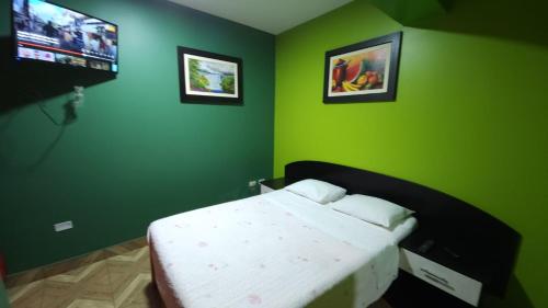 a bedroom with green walls and a bed in it at Hostal Nochero's in Tacna