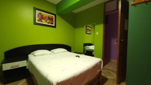 a bedroom with green walls and a bed in it at Hostal Nochero's in Tacna