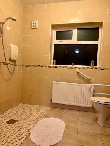 a bathroom with a shower and a toilet and a window at Seafront House in Sligo