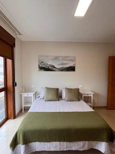 um quarto com uma cama grande e 2 almofadas em VIVE HOME Vilanova de Arousa em Vilanova de Arousa