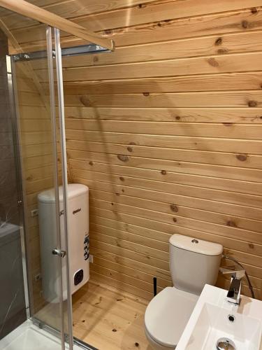 La salle de bains est pourvue de toilettes et d'un lavabo. dans l'établissement Camping pod Tiny House aan het water, à Belt-Schutsloot