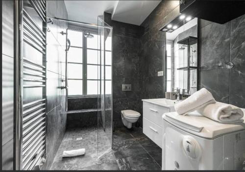 y baño con ducha, aseo y lavamanos. en GRAND LOFT LUXE place Masséna Liberté, en Niza
