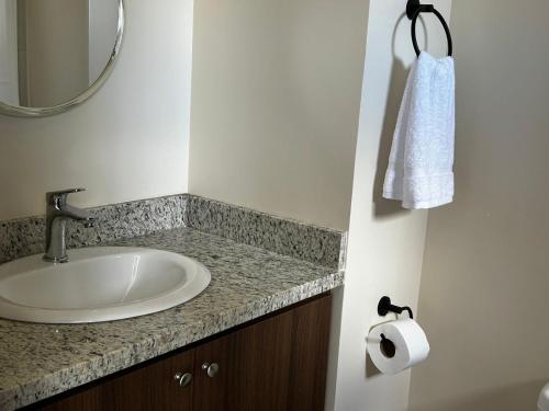 La salle de bains est pourvue d'un lavabo et d'un rouleau de papier toilette. dans l'établissement Tropical Sunshine known as Amaranto, à Alajuela