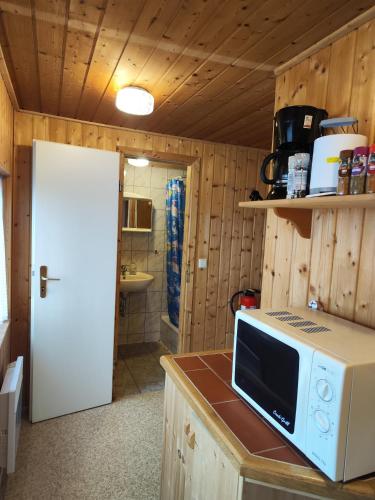 a kitchen with a microwave on top of a counter at Kleine Freiheit Nummer 5 in Reichendorf