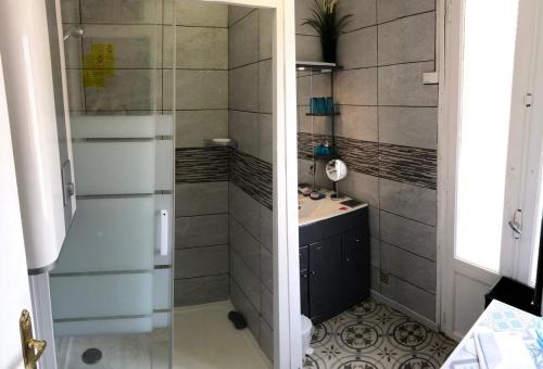 une salle de bain avec un lavabo et une douche en verre dans l'établissement T3 VALLESPIR AMELIE LES BAINS, à Amélie-les-Bains-Palalda