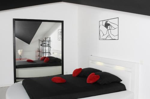 um quarto com um espelho e uma cama com almofadas vermelhas em Loveroom la crèche romantique em Bogny Sur Meuse