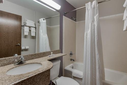 La salle de bains est pourvue d'un lavabo, de toilettes et d'une douche. dans l'établissement Microtel Inn & Suites by Wyndham Oklahoma City Airport, à Bethany