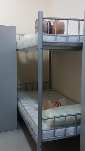 two children on bunk beds in a room at AJ Hostel in Dubai