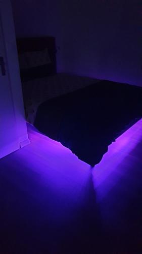 um quarto escuro com uma luz roxa numa cama em Les Bulles du Guiers em Saint-Genix-sur-Guiers