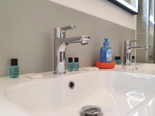 un lavabo de salle de bain avec deux robinets et un miroir dans l'établissement Villa Tassigny, à Aix-en-Provence