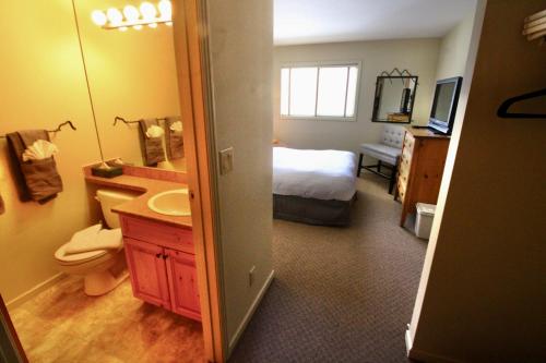 a bathroom with a bedroom with a bed and a sink at Timberline Condos - Aspen Building in Fernie