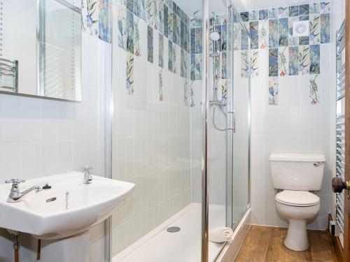 ein Bad mit einer Dusche, einem WC und einem Waschbecken in der Unterkunft Watermouth Castle, Rhododendron Apartment in Ilfracombe