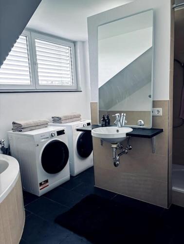 a bathroom with a sink and a washing machine at Lakefront View Entire Apartment with 2 bedrooms, 2 full bathrooms & Balcony Waterview in Reichenau