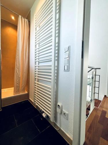 a bathroom with a shower with a window at Lakefront View Entire Apartment with 2 bedrooms, 2 full bathrooms & Balcony Waterview in Reichenau