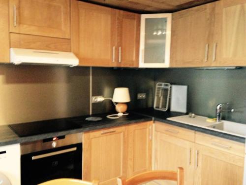 a kitchen with wooden cabinets and a sink and a lamp at Chalet Les Lupins - 4 Pièces pour 8 Personnes 14 in Valloire