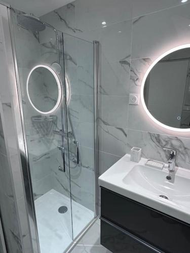 une salle de bain avec une douche, un lavabo et un miroir dans l'établissement Superbe Studio avec balcon Rue d’Antibes, à Cannes