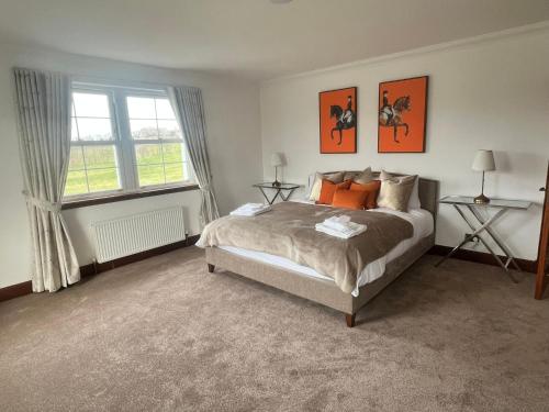 1 dormitorio con 1 cama con almohadas de color naranja y ventana en Coylebrae House, en Ayr