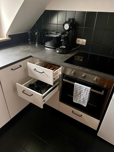 a kitchen with an open oven with at Sonnen Apartment in Bad Aibling