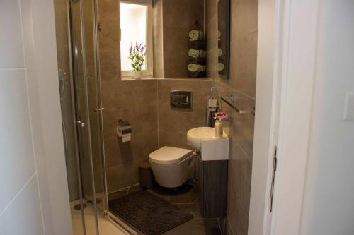 a small bathroom with a toilet and a shower at Southridge Ph With Jacuzzi, Top Views By Homely in Mellieħa