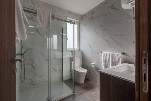 ein Bad mit einer Dusche, einem WC und einem Waschbecken in der Unterkunft Luxe 3br Melliehabay Retreat And Stunning Terrace in Mellieħa
