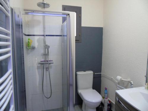 une salle de bain avec une douche, des toilettes et un lavabo dans l'établissement Chalet Arrondaz - 3 Pièces pour 6 Personnes MAE-3044, à Modane