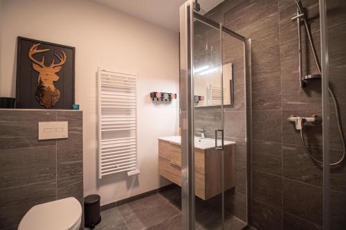a bathroom with a shower and a toilet and a sink at Résidence LUMI BATIMENT B - Appartement LUMI B 814 in Valmorel