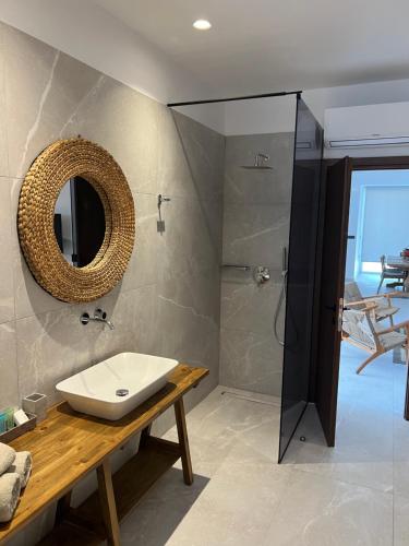 a bathroom with a sink and a shower with a mirror at JOHANNES LUXURY VILLAS in Kolymbia
